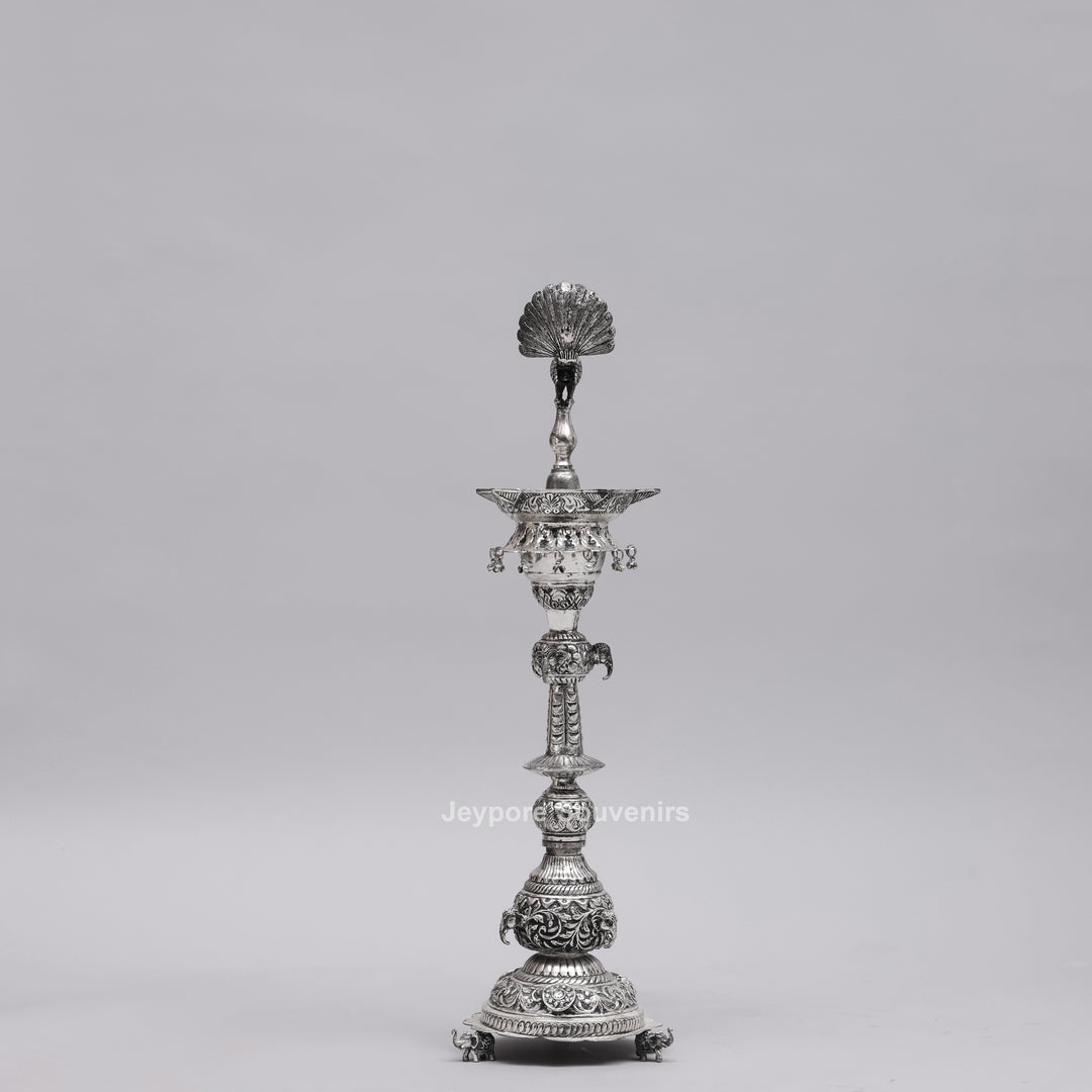 Handcrafted Traditional Indian Oxidized Silver Peacock Oil Lamp