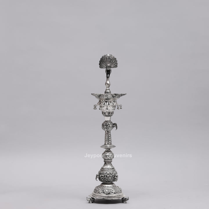 Handcrafted Traditional Indian Oxidized Silver Peacock Oil Lamp