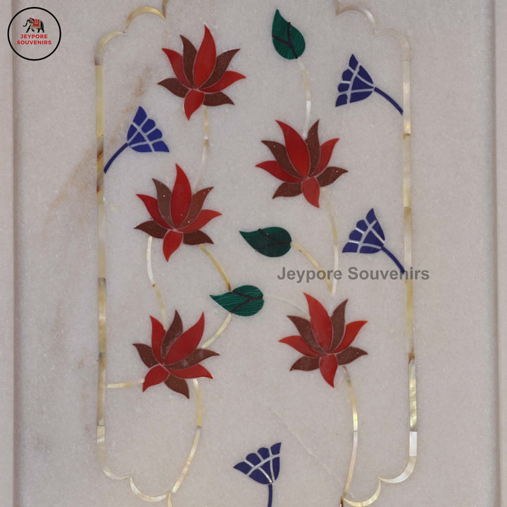 Handcrafted White Marble Inlay Plate with Floral Stonework