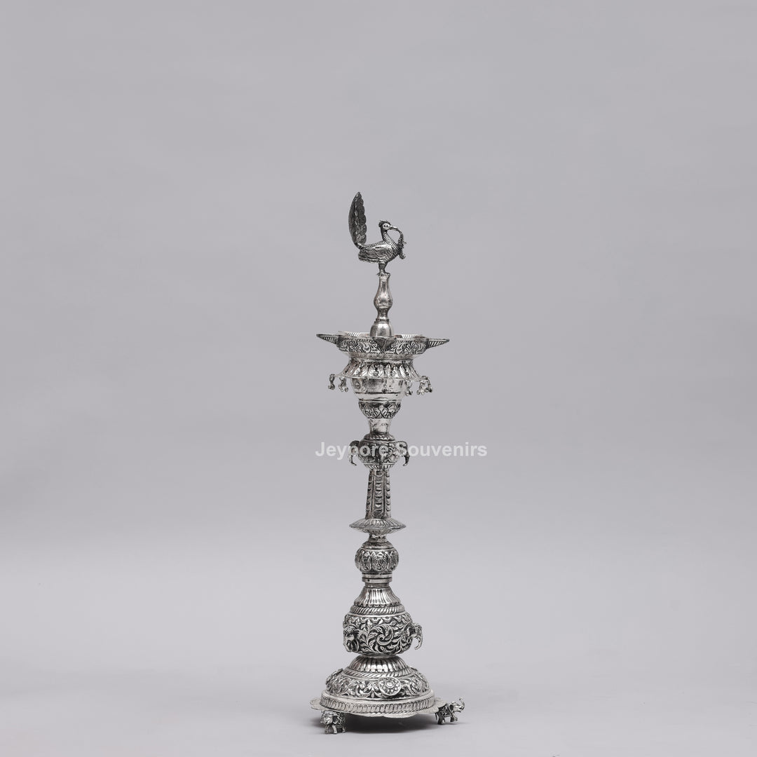 Handcrafted Traditional Indian Oxidized Silver Peacock Oil Lamp
