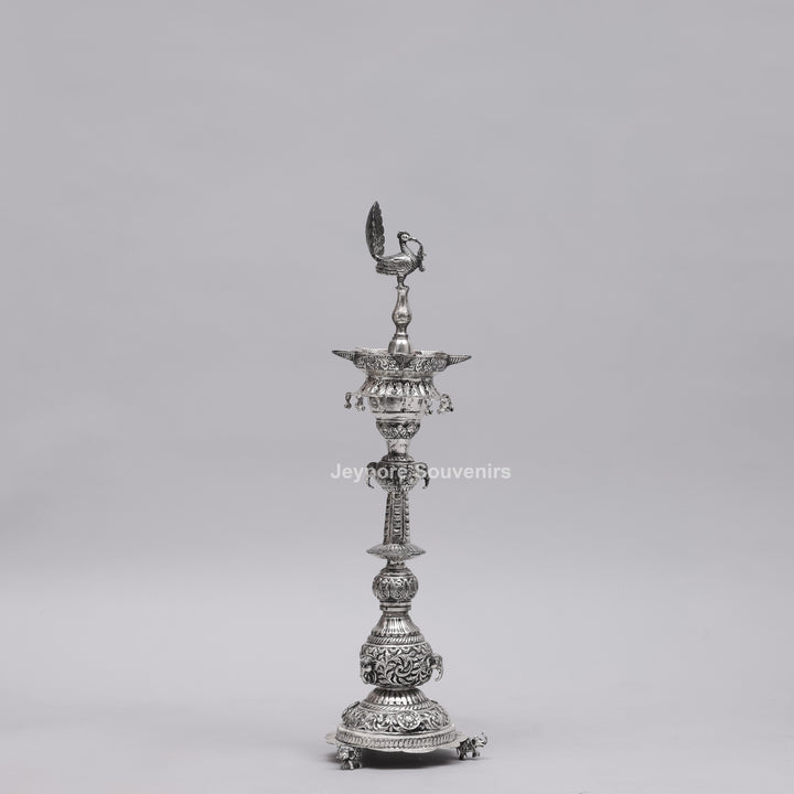Handcrafted Traditional Indian Oxidized Silver Peacock Oil Lamp