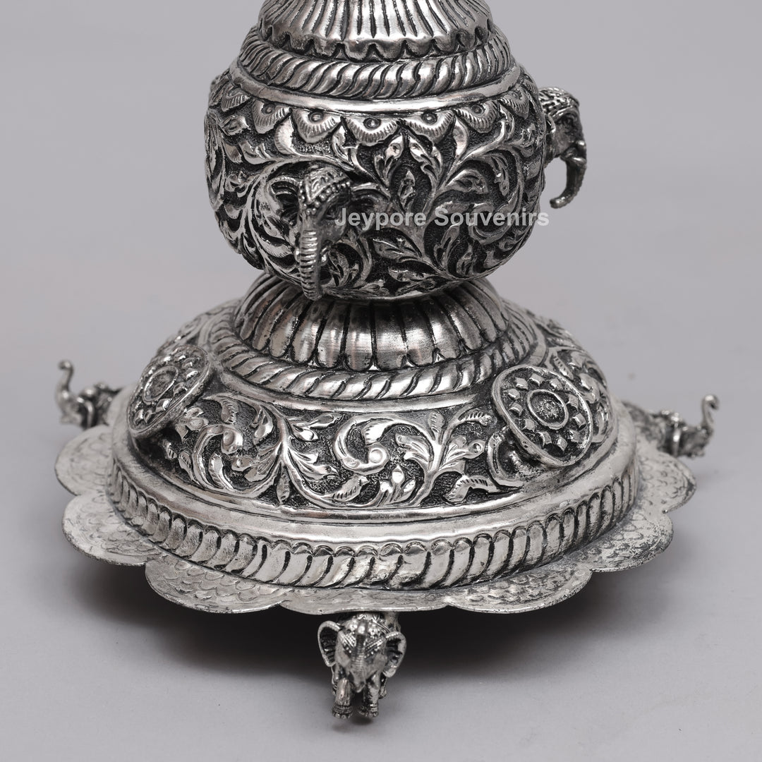Handcrafted Traditional Indian Oxidized Silver Peacock Oil Lamp
