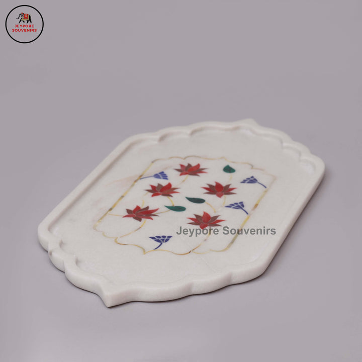Handcrafted White Marble Inlay Plate with Floral Stonework