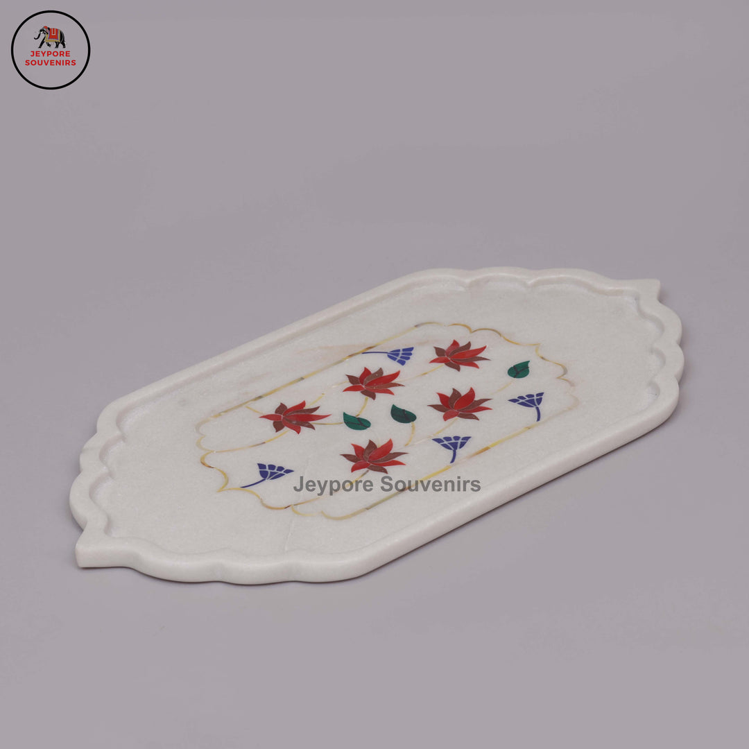 Handcrafted White Marble Inlay Plate with Floral Stonework