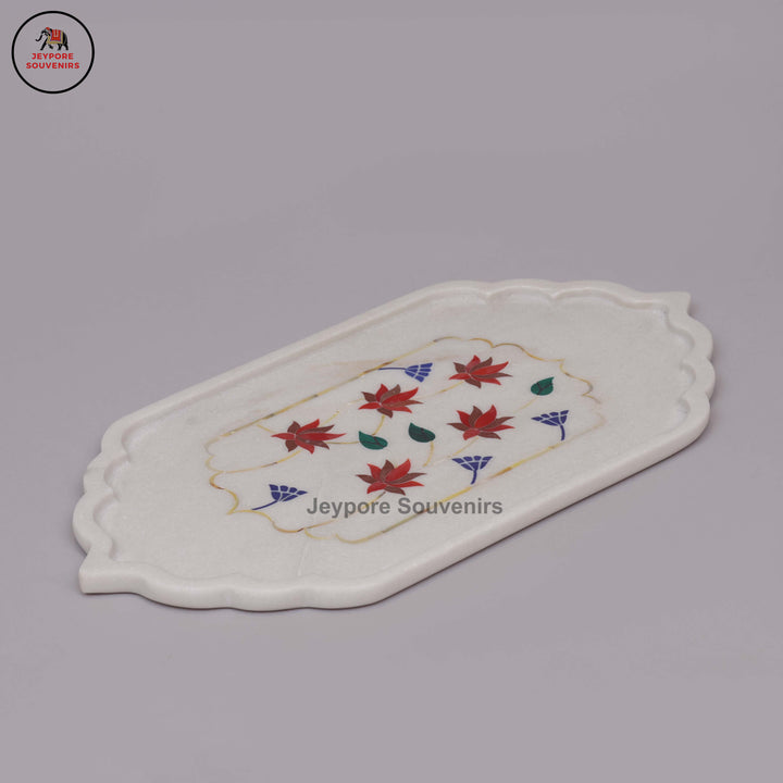Handcrafted White Marble Inlay Plate with Floral Stonework