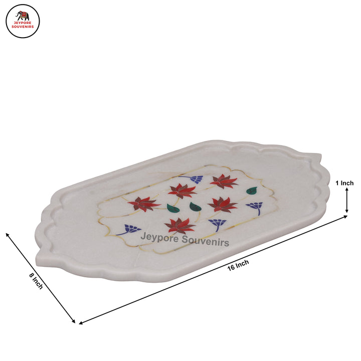 Handcrafted White Marble Inlay Plate with Floral Stonework