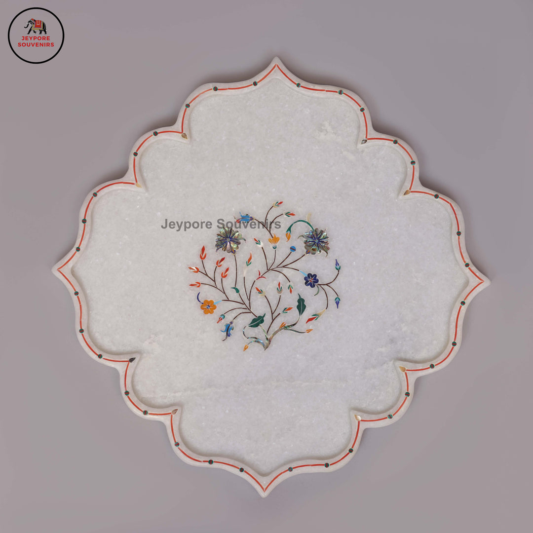 Handcrafted White Marble Pietra Dura Plate with Floral Stone Inlay