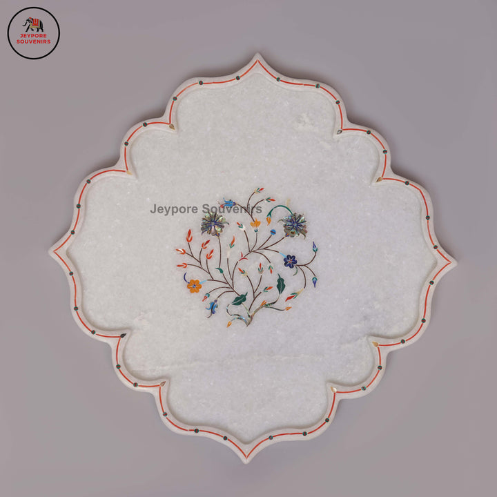 Handcrafted White Marble Pietra Dura Plate with Floral Stone Inlay