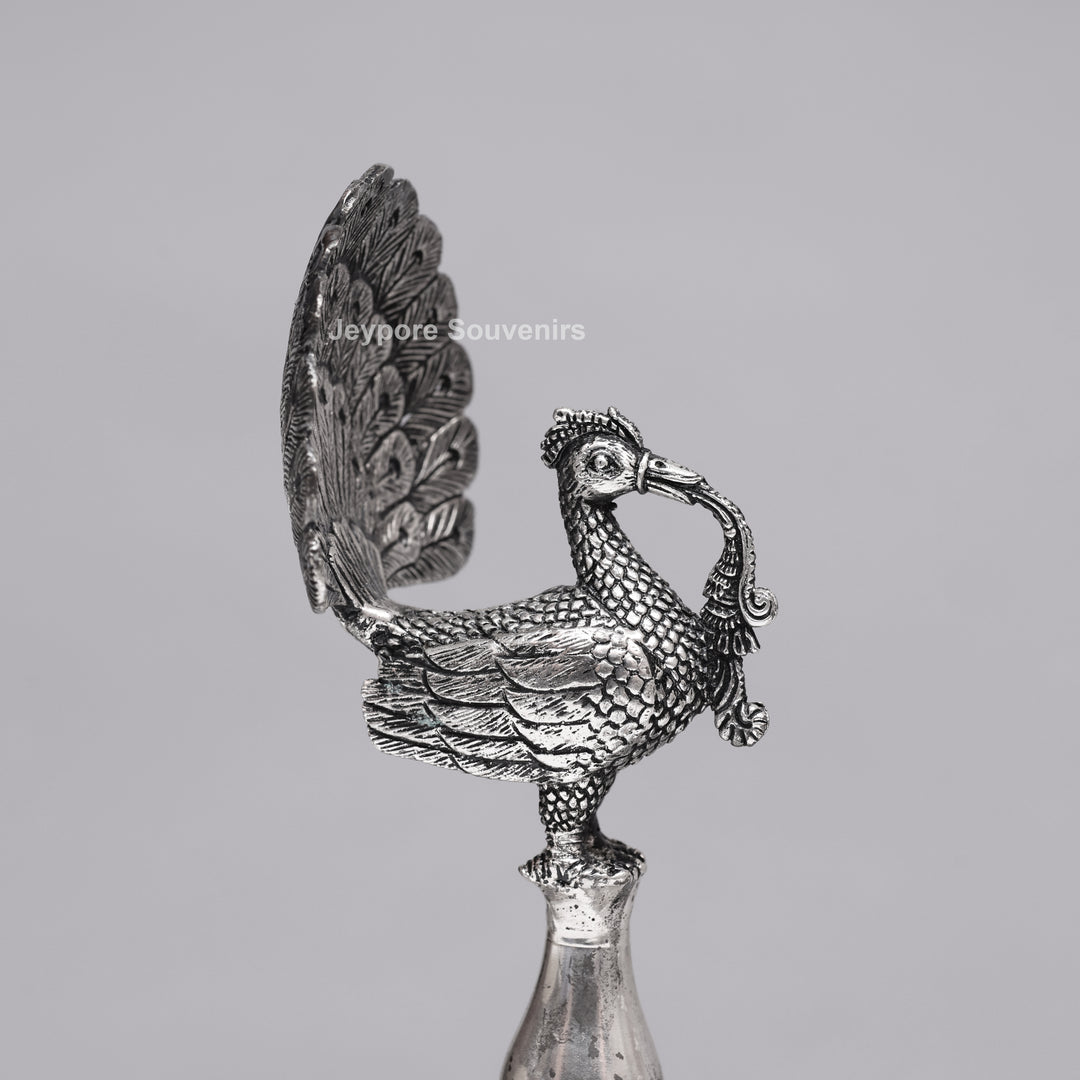 Handcrafted Traditional Indian Oxidized Silver Peacock Oil Lamp