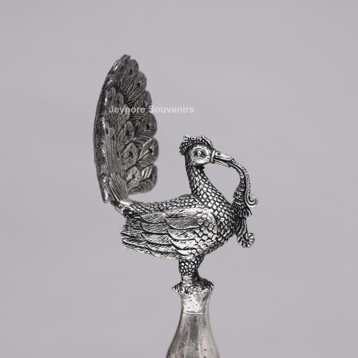 Handcrafted Traditional Indian Oxidized Silver Peacock Oil Lamp