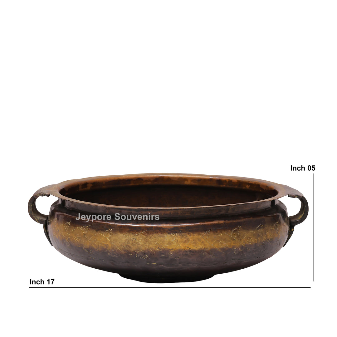 Handcrafted Antique Finish Decorative Brass Urli Bowl with Side Handles