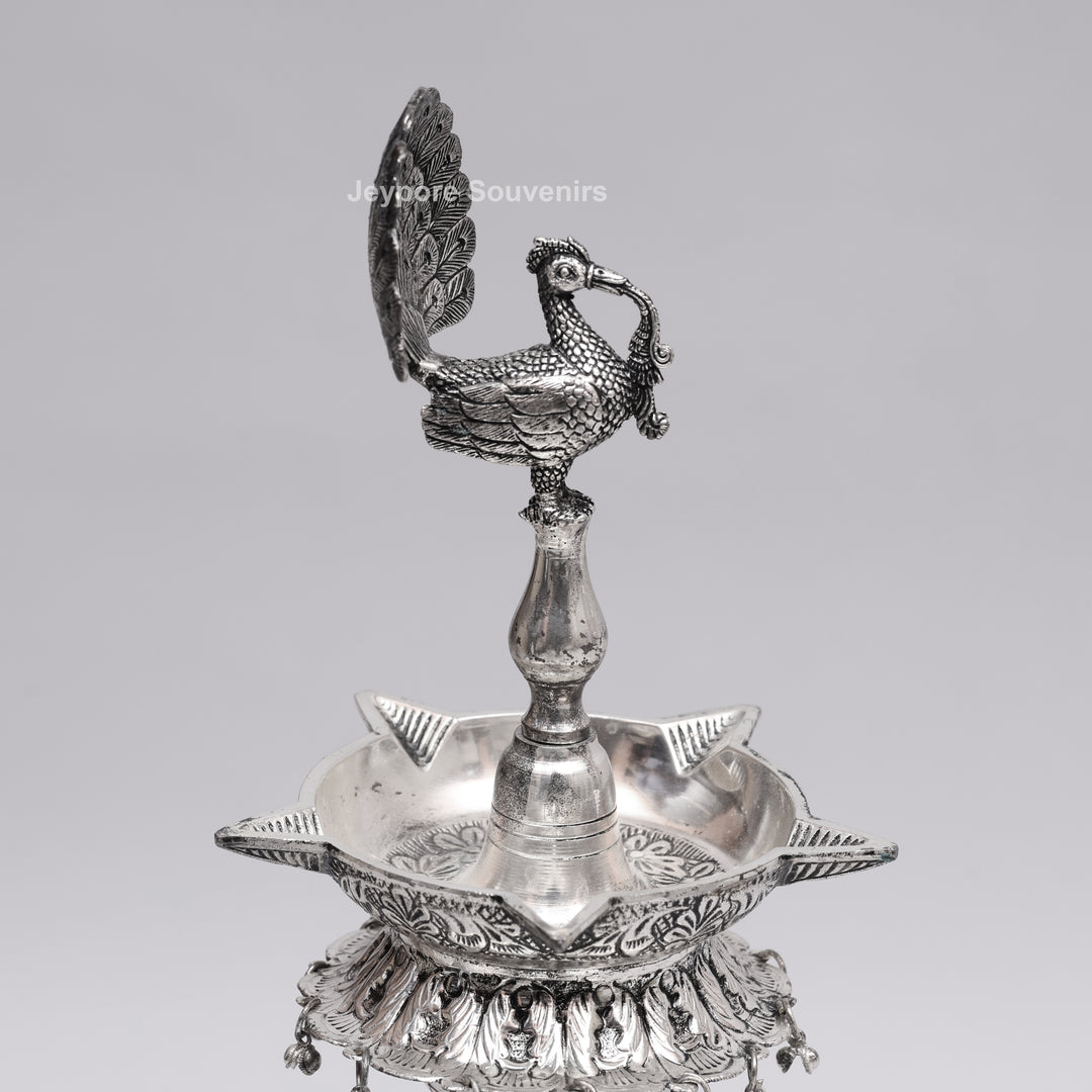 Handcrafted Traditional Indian Oxidized Silver Peacock Oil Lamp