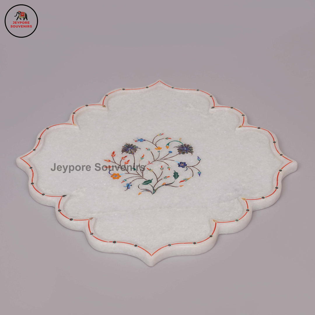 Handcrafted White Marble Pietra Dura Plate with Floral Stone Inlay