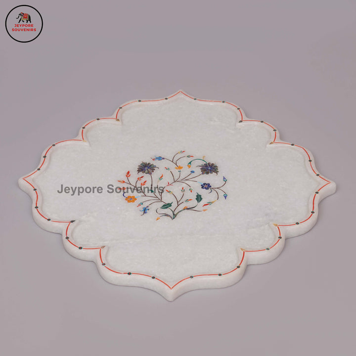 Handcrafted White Marble Pietra Dura Plate with Floral Stone Inlay