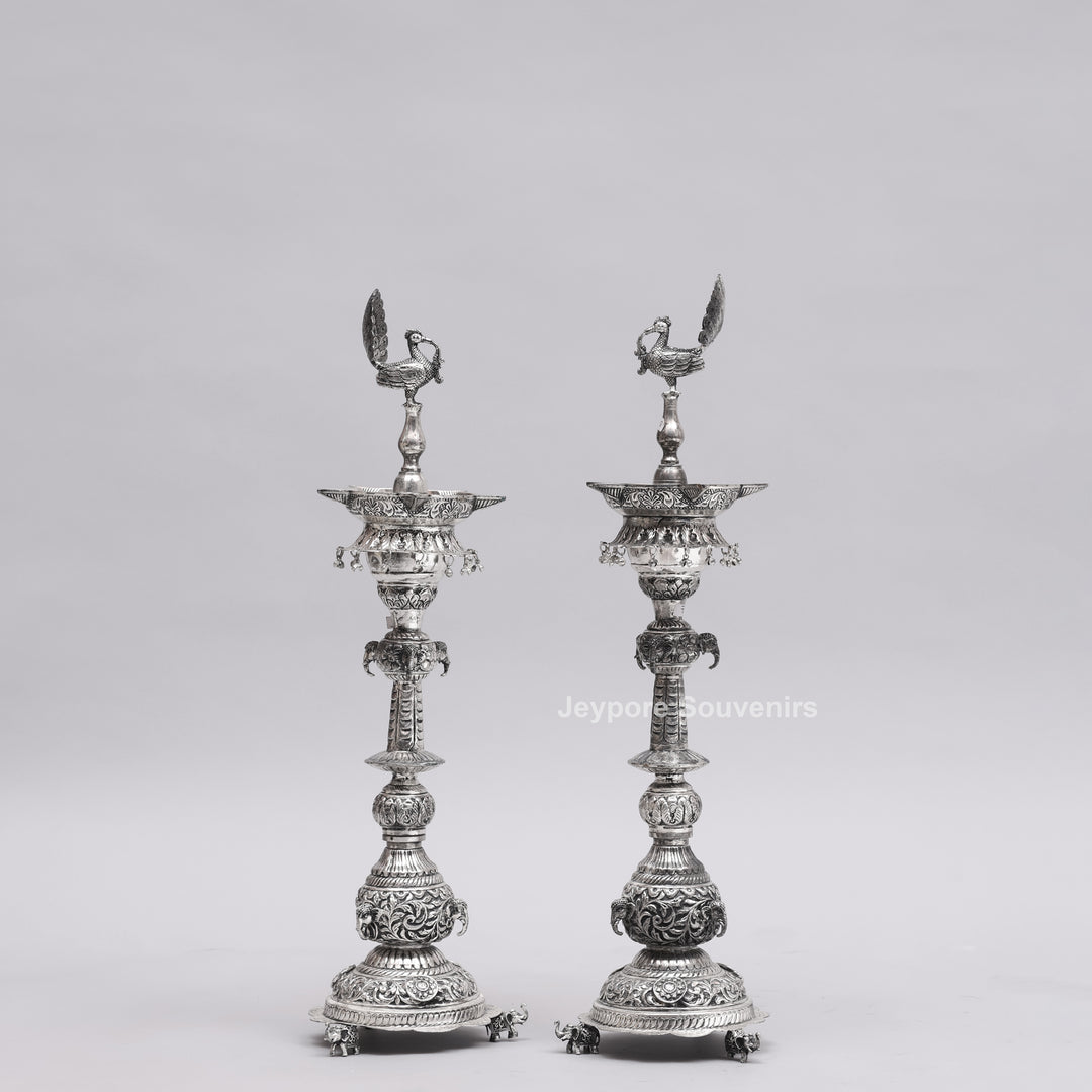 Handcrafted Traditional Indian Oxidized Silver Peacock Oil Lamp
