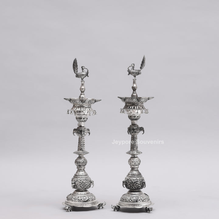 Handcrafted Traditional Indian Oxidized Silver Peacock Oil Lamp