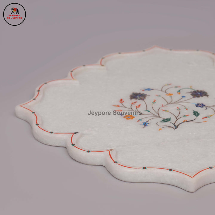 Handcrafted White Marble Pietra Dura Plate with Floral Stone Inlay