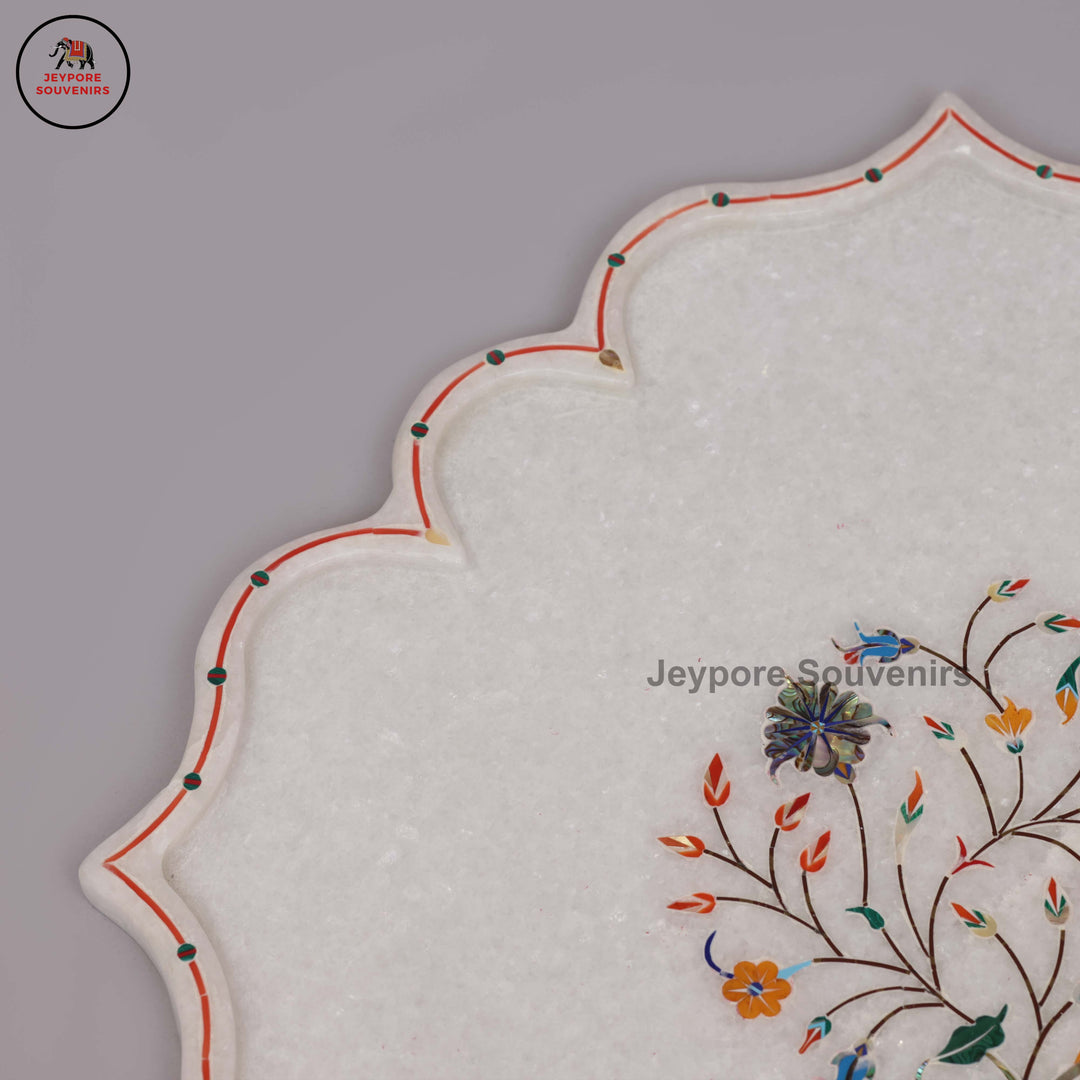 Handcrafted White Marble Pietra Dura Plate with Floral Stone Inlay