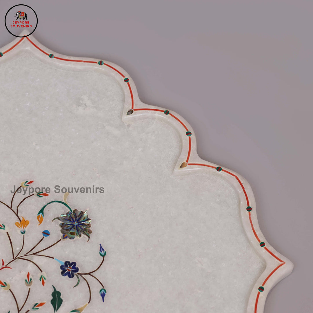 Handcrafted White Marble Pietra Dura Plate with Floral Stone Inlay