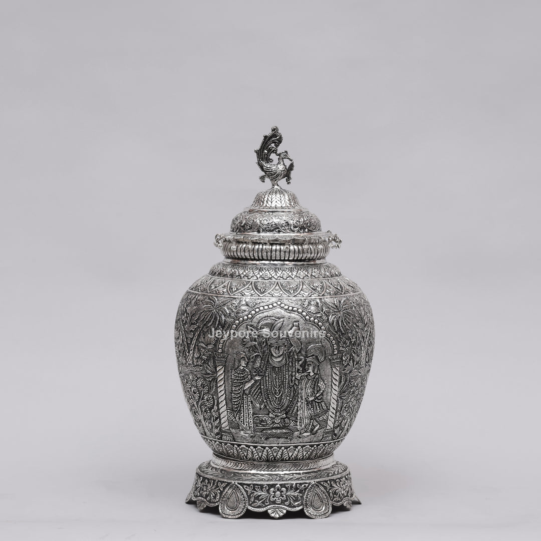 Handcrafted Silver Polished Peacock Lid Decorative Vase