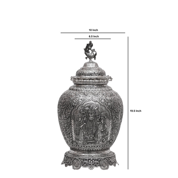 Handcrafted Silver Polished Peacock Lid Decorative Vase