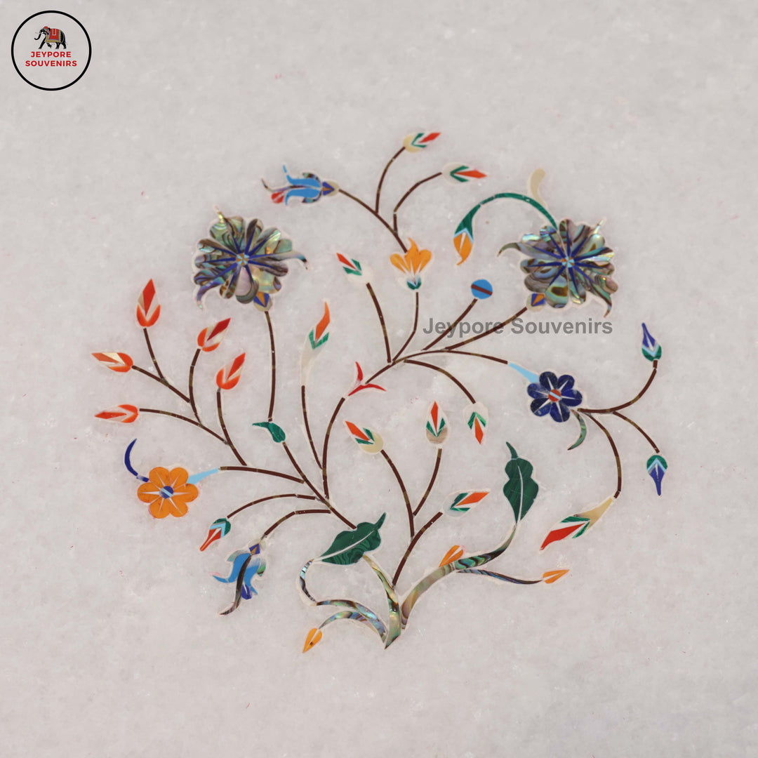 Handcrafted White Marble Pietra Dura Plate with Floral Stone Inlay