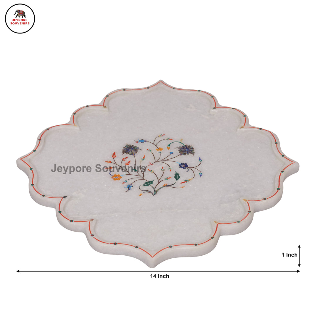 Handcrafted White Marble Pietra Dura Plate with Floral Stone Inlay