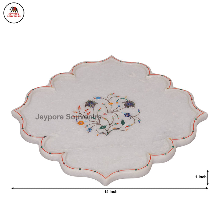 Handcrafted White Marble Pietra Dura Plate with Floral Stone Inlay