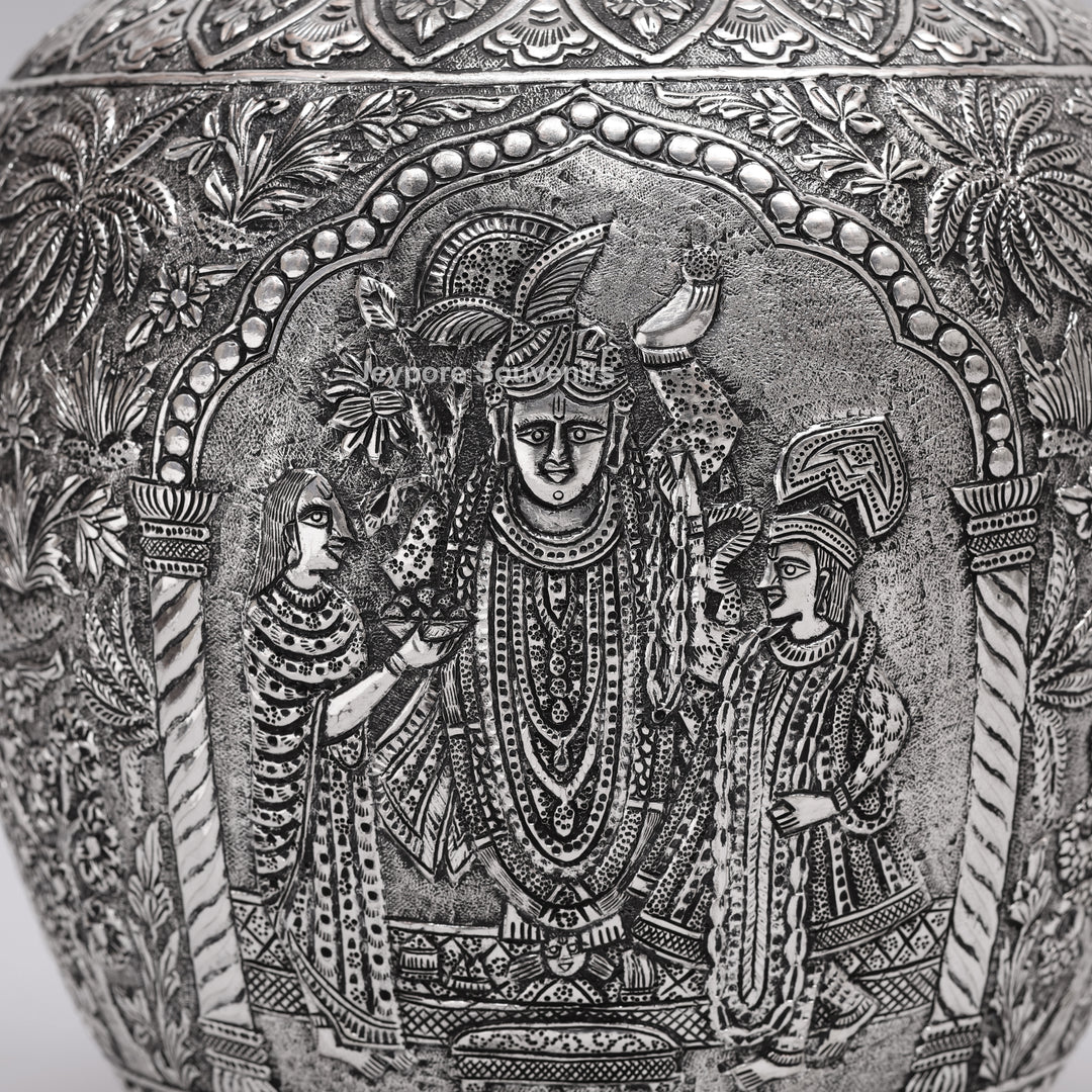 Handcrafted Silver Polished Peacock Lid Decorative Vase
