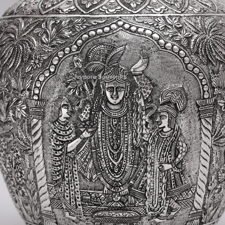 Handcrafted Silver Polished Peacock Lid Decorative Vase