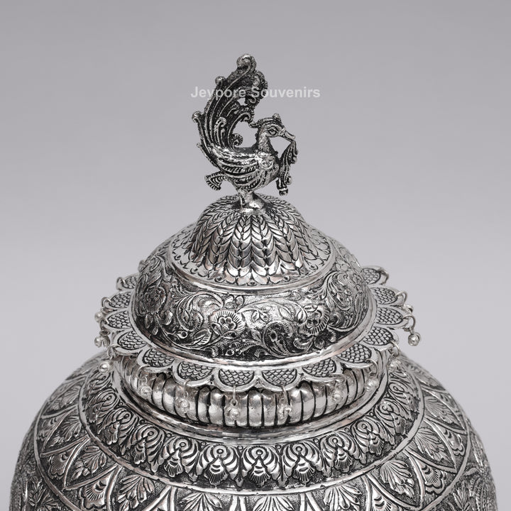 Handcrafted Silver Polished Peacock Lid Decorative Vase