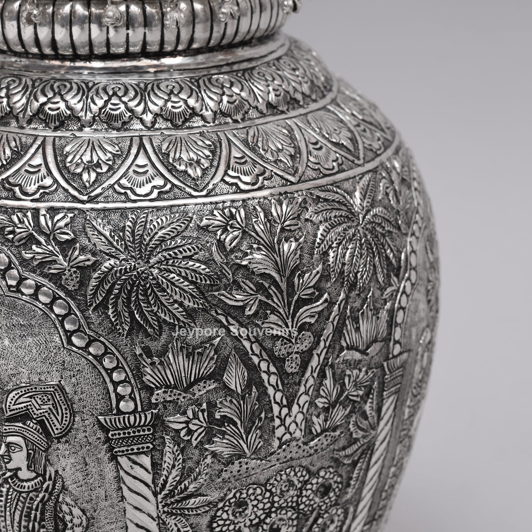 Handcrafted Silver Polished Peacock Lid Decorative Vase