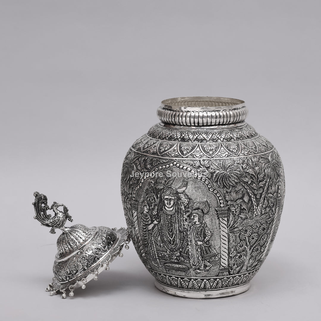Handcrafted Silver Polished Peacock Lid Decorative Vase