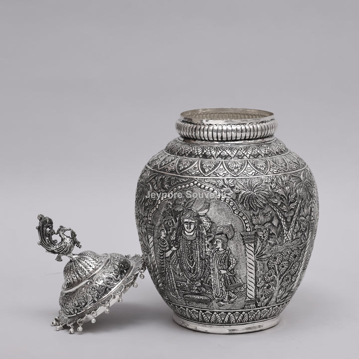 Handcrafted Silver Polished Peacock Lid Decorative Vase