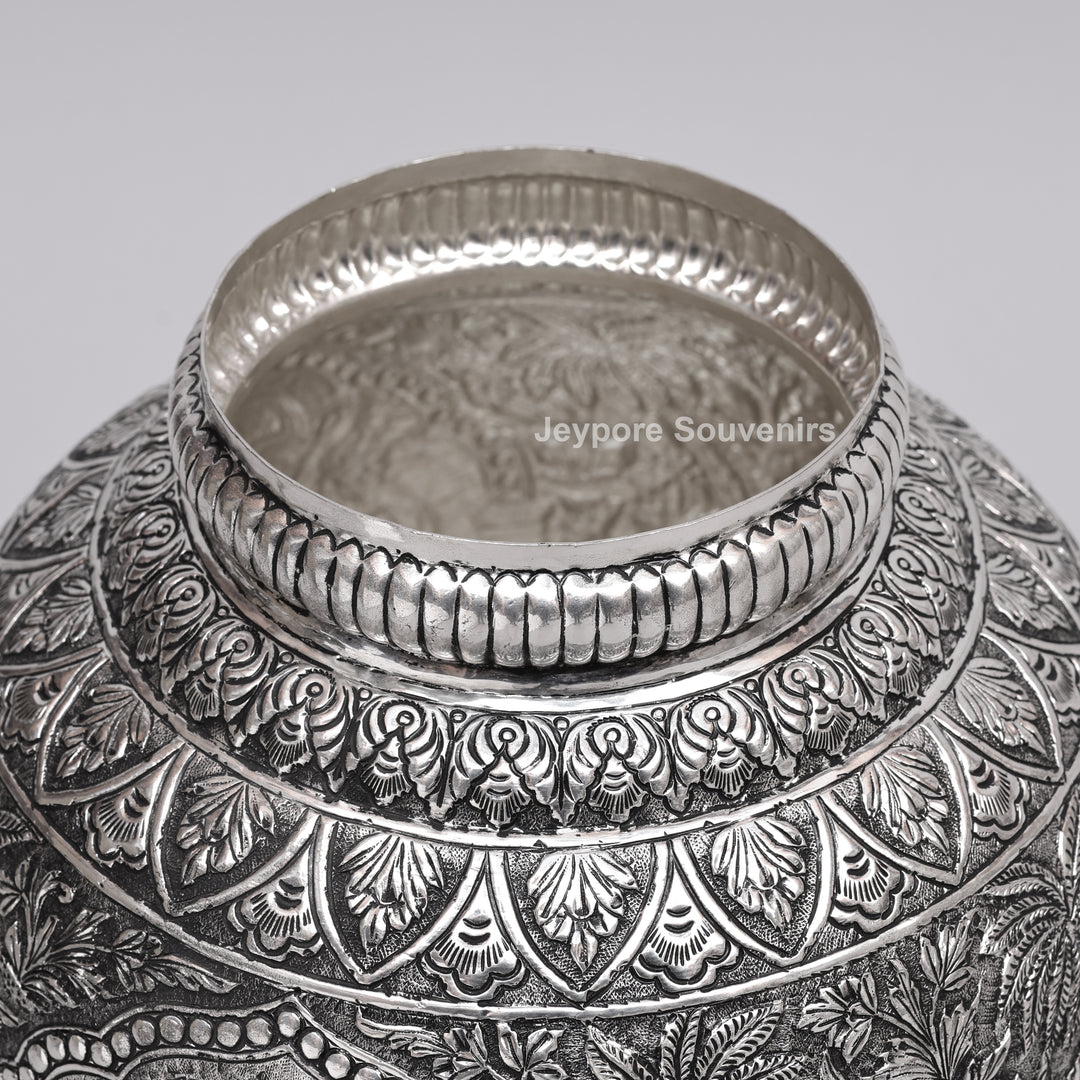 Handcrafted Silver Polished Peacock Lid Decorative Vase