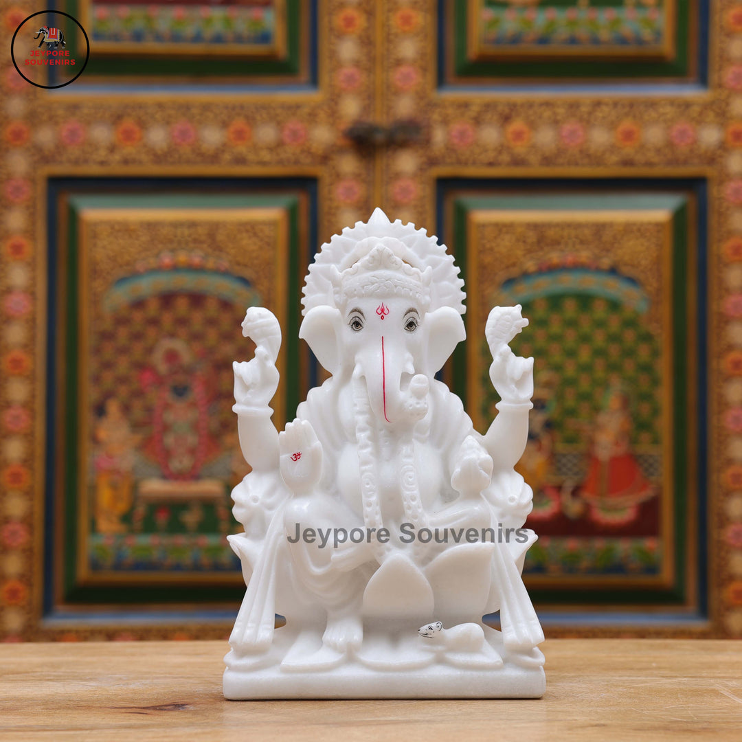 Handcrafted White Marble Lord Ganesha Idol on Ornate Lotus Pedestal