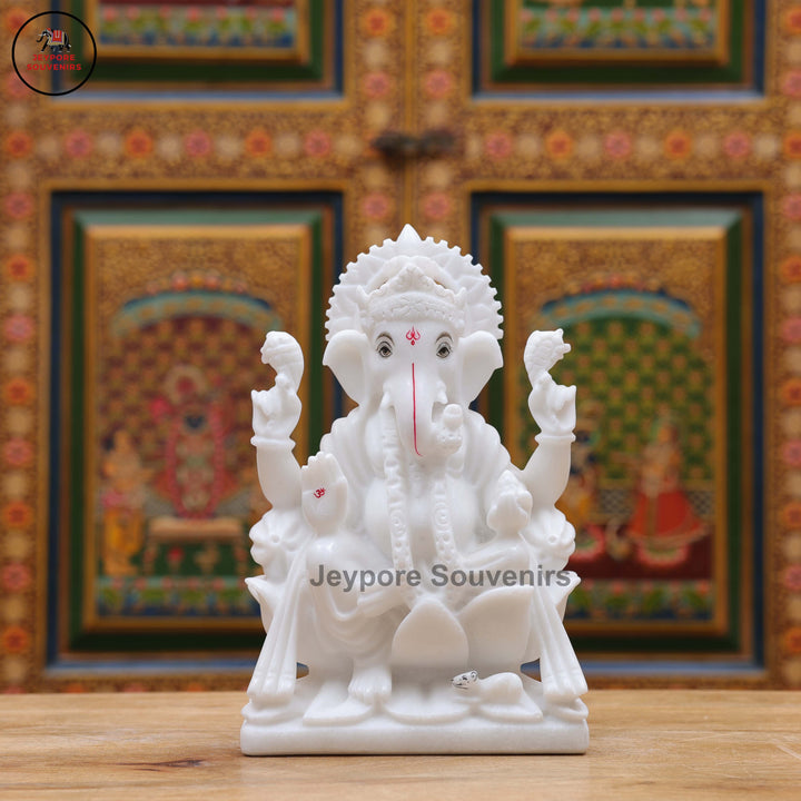 Handcrafted White Marble Lord Ganesha Idol on Ornate Lotus Pedestal