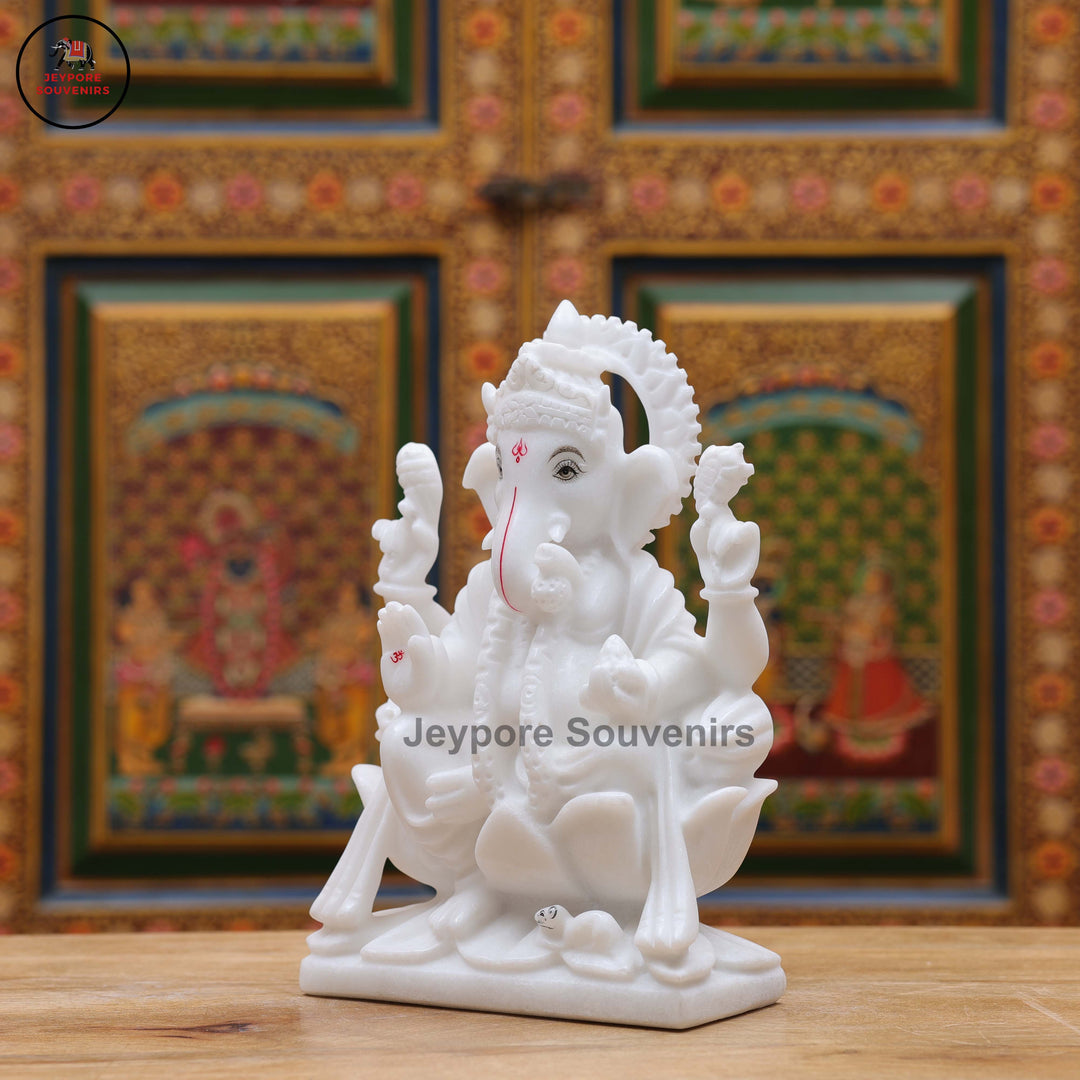 Handcrafted White Marble Lord Ganesha Idol on Ornate Lotus Pedestal