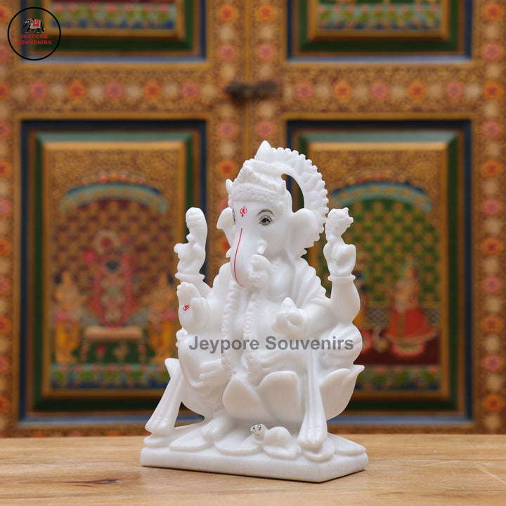 Handcrafted White Marble Lord Ganesha Idol on Ornate Lotus Pedestal