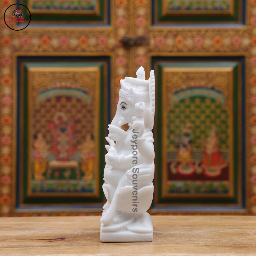 Handcrafted White Marble Lord Ganesha Idol on Ornate Lotus Pedestal