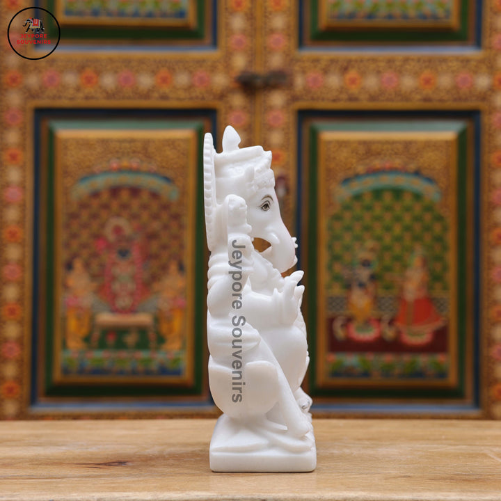 Handcrafted White Marble Lord Ganesha Idol on Ornate Lotus Pedestal