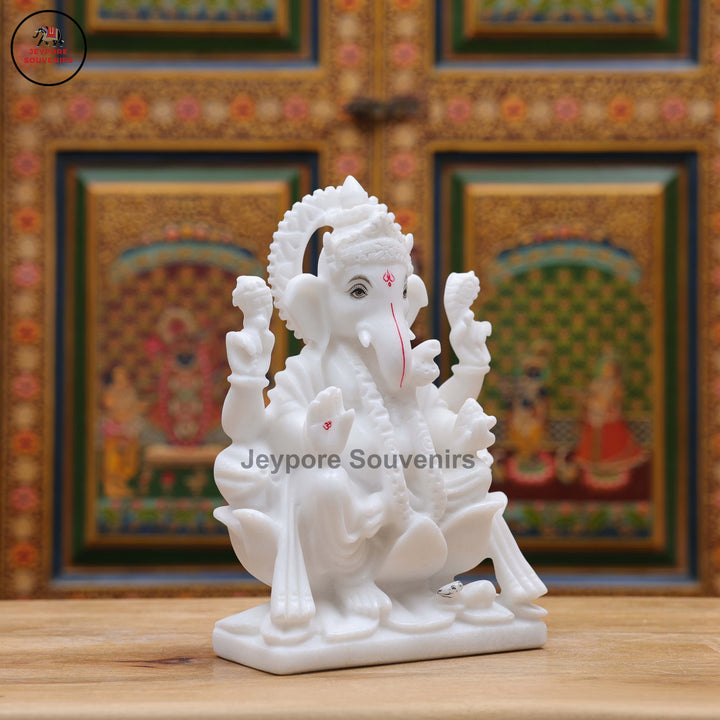 Handcrafted White Marble Lord Ganesha Idol on Ornate Lotus Pedestal
