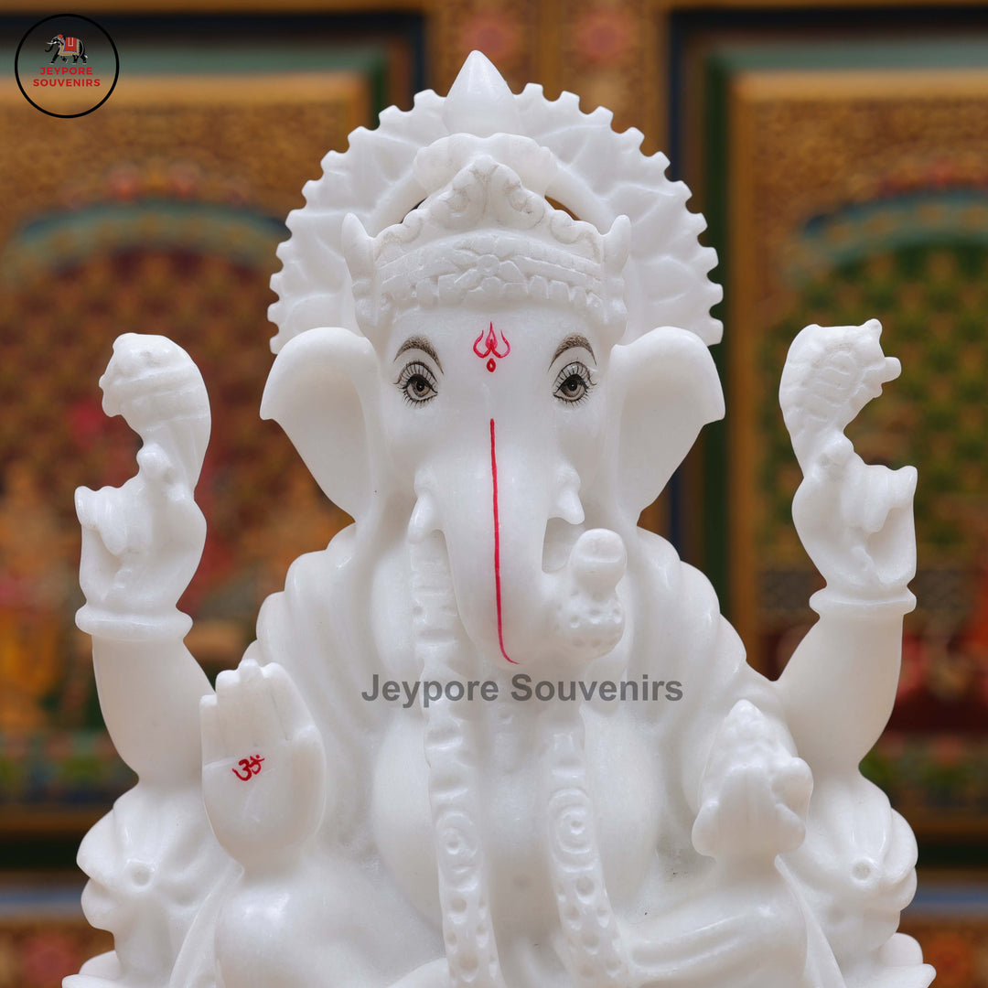 Handcrafted White Marble Lord Ganesha Idol on Ornate Lotus Pedestal