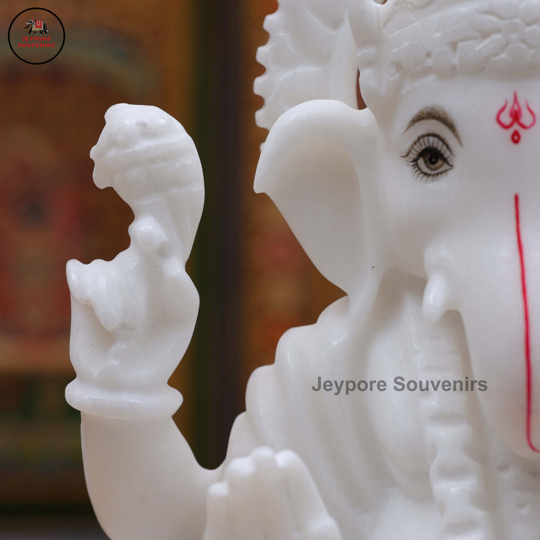 Handcrafted White Marble Lord Ganesha Idol on Ornate Lotus Pedestal