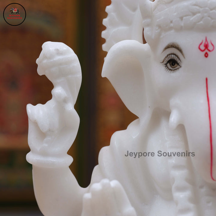 Handcrafted White Marble Lord Ganesha Idol on Ornate Lotus Pedestal