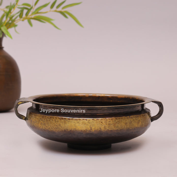 Handcrafted Antique Hammered Texture Brass Urli Bowl with Side Handles