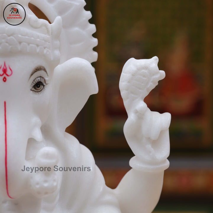 Handcrafted White Marble Lord Ganesha Idol on Ornate Lotus Pedestal