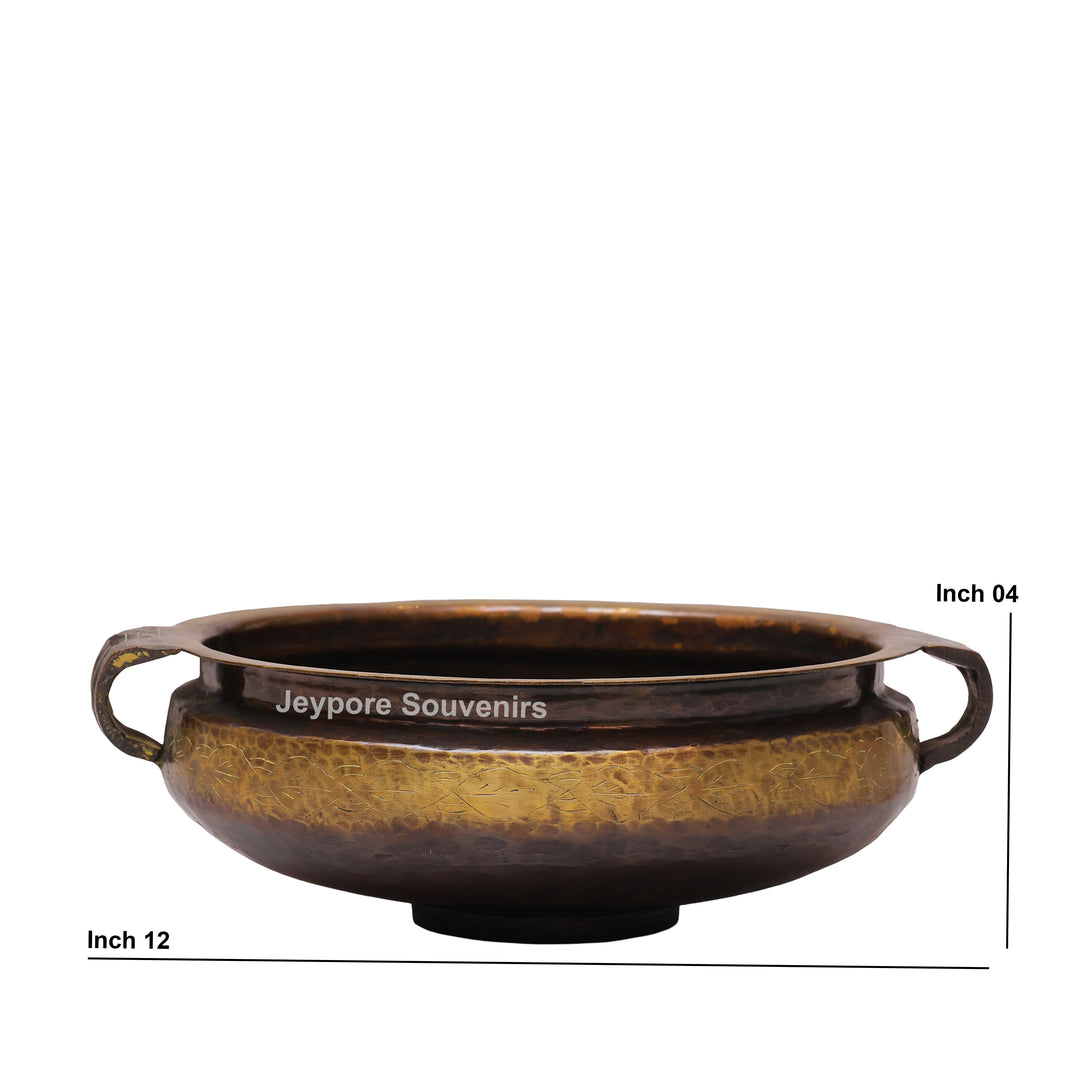 Handcrafted Antique Hammered Texture Brass Urli Bowl with Side Handles