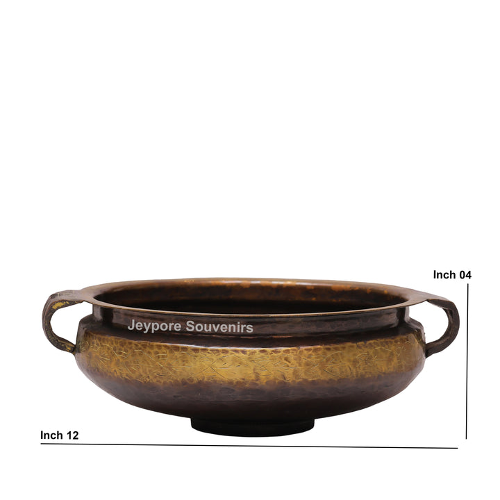 Handcrafted Antique Hammered Texture Brass Urli Bowl with Side Handles