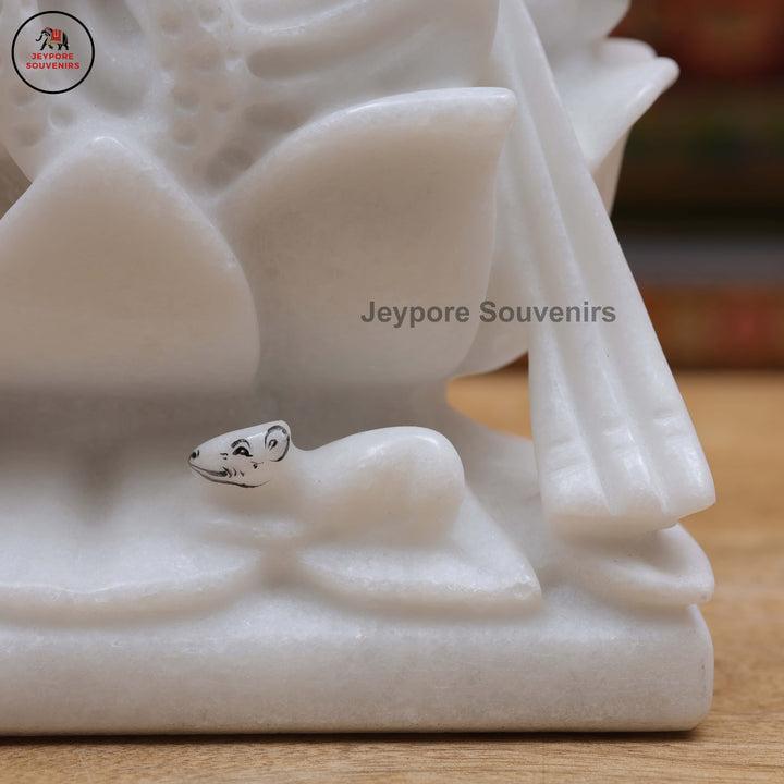 Handcrafted White Marble Lord Ganesha Idol on Ornate Lotus Pedestal